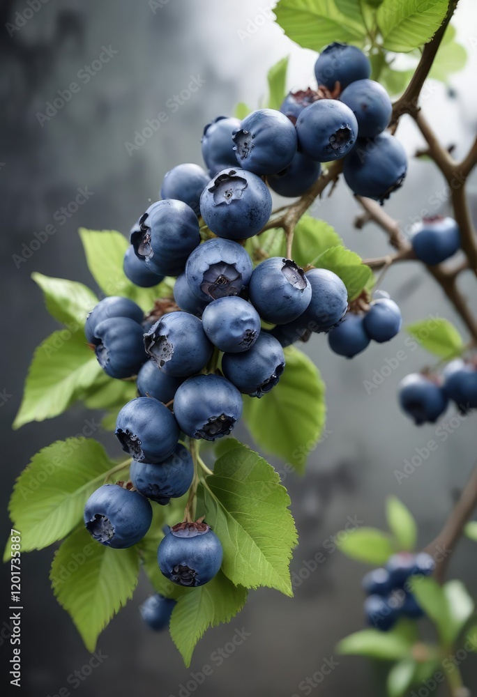 A branch heavy with clusters of juicy blueberries, fruit abundance, outdoor landscape, nature photography A branch heavy with clusters of juicy blueberries, fruit abundance, outdoor landscape, nature photography