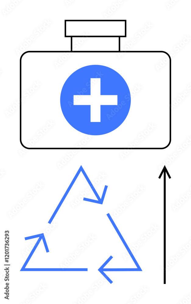 Medical kit with blue cross recycling symbol with arrows, upward arrow highlight sustainability themes. Ideal for healthcare, environment, sustainability, recycling, innovation, wellness, progress Medical kit with blue cross recycling symbol with arrows, upward arrow highlight sustainability themes. Ideal for healthcare, environment, sustainability, recycling, innovation, wellness, progress