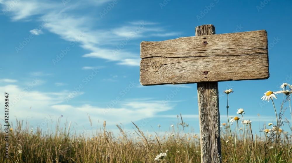 Naklejka premium Serene Rural Landscape with Weathered Wooden Sign in Wildflower Fields under Clear Blue Sky