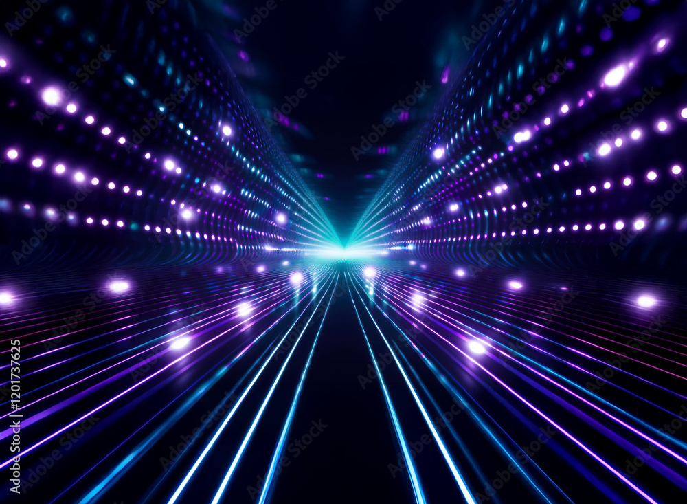 Abstract background with bokeh lights. A vibrant tunnel of purple and blue lines converges towards a bright center, creating a dynamic, futuristic feel. Abstract background with bokeh lights. A vibrant tunnel of purple and blue lines converges towards a bright center, creating a dynamic, futuristic feel.