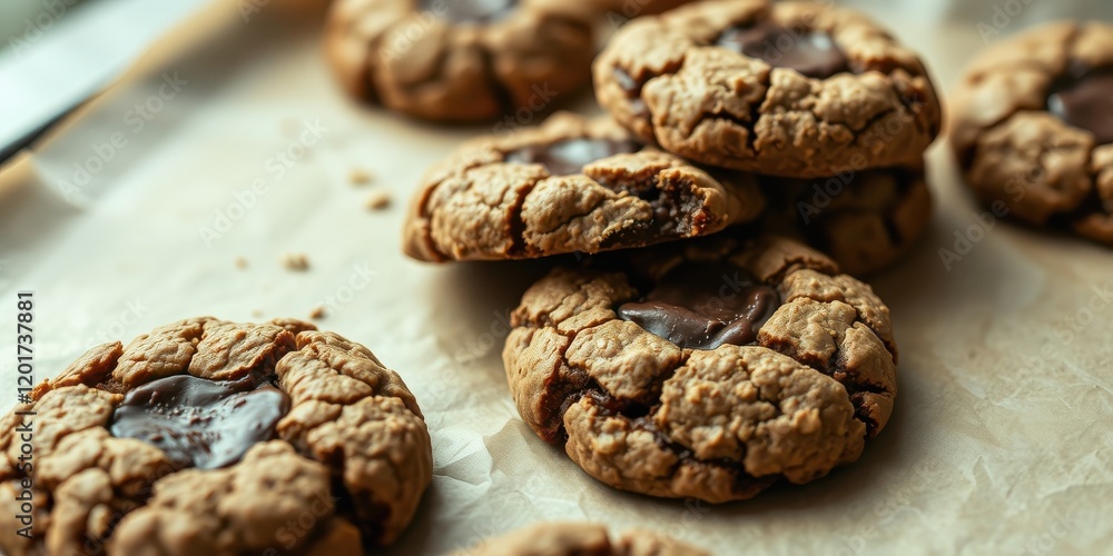 A close-up shot of freshly baked cookies with chocolate filling, resting on parchment paper, showcasing the delicate textures and rich chocolate centers. A close-up shot of freshly baked cookies with chocolate filling, resting on parchment paper, showcasing the delicate textures and rich chocolate centers.