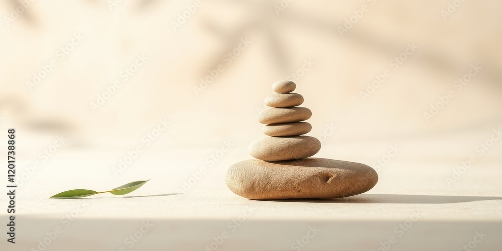 A serene arrangement of smooth stones stacked in a delicate tower, resting upon a light beige surface with a single green leaf, creating a minimalist composition of harmony and tranquility. A serene arrangement of smooth stones stacked in a delicate tower, resting upon a light beige surface with a single green leaf, creating a minimalist composition of harmony and tranquility.