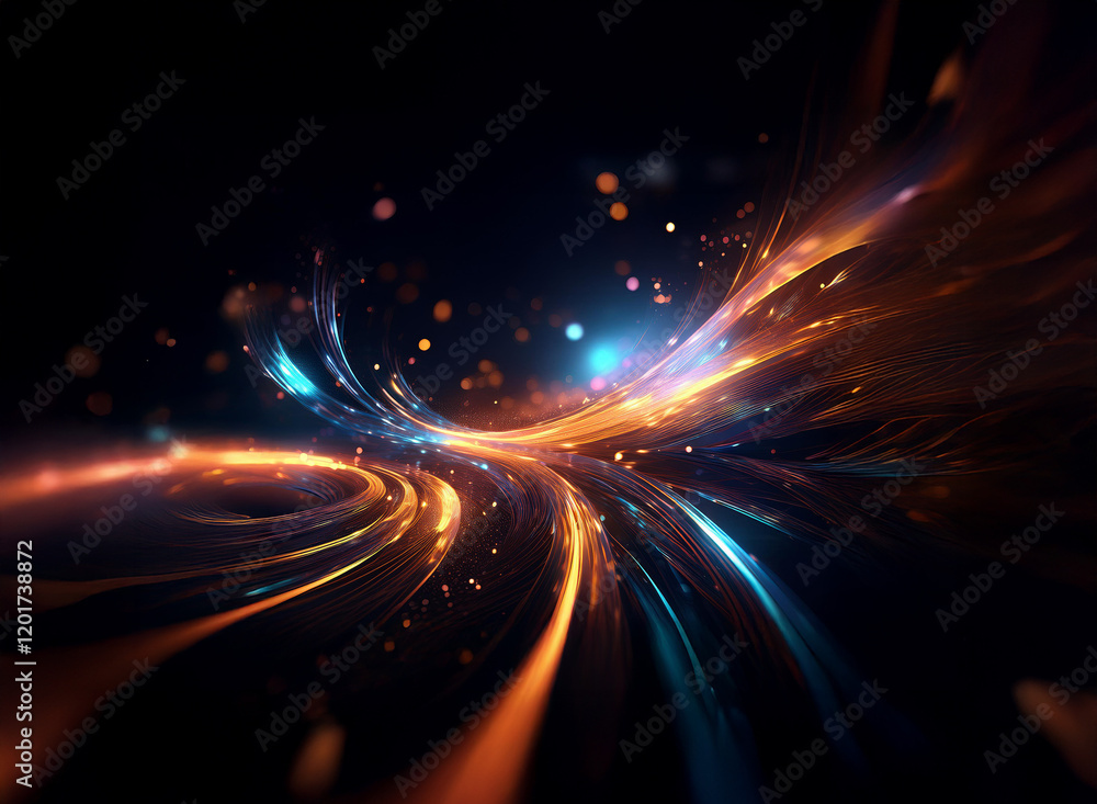 Abstract background image featuring swirling, luminous streaks of orange and blue light. Bokeh effects add depth and a sense of movement. Abstract background image featuring swirling, luminous streaks of orange and blue light. Bokeh effects add depth and a sense of movement.