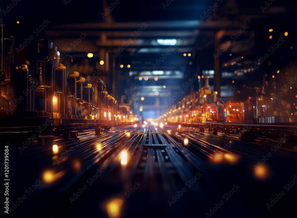 Fototapeta premium Abstract background image featuring a bokeh effect of warm lights illuminating a dark, industrial setting. The perspective leads the eye down a long, metallic pathway lined with glowing elements.