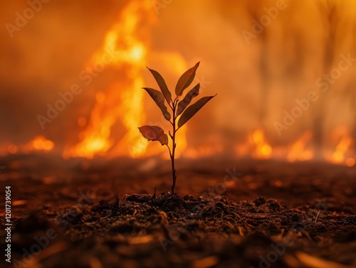 a resilient sapling emerges from ash-covered ground, glowing embers and distant flames paint an apocalyptic orange sky, dramatic smoke tendrils swirl overhead photo