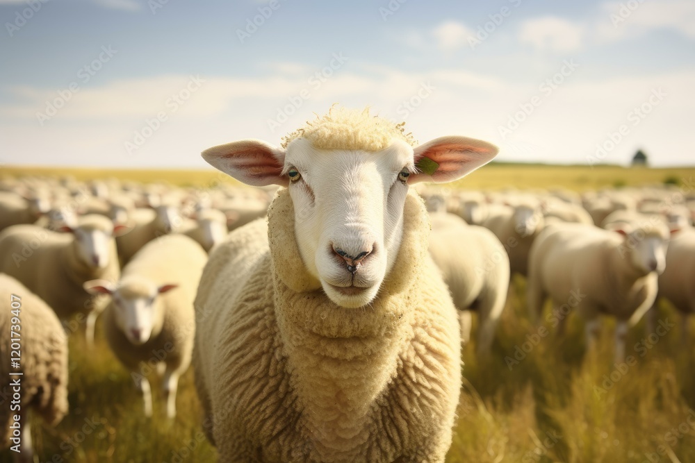 Obraz premium Leading sheep standing in a golden field with its flock behind it under a blue sky