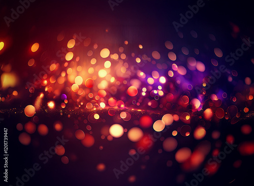 Abstract background image featuring bokeh lights. Warm red and orange hues blend with cool purple and blue, creating a vibrant, sparkling effect.  The lights appear scattered and out of focus, produci photo