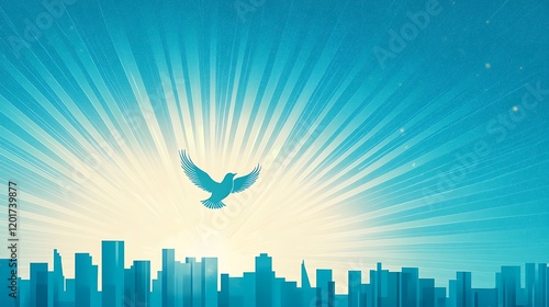 An image of a dove flying over the UN building with rays of light symbolizing hope