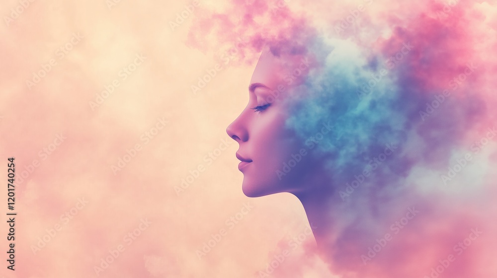 Surreal Psychedelic Art of a Woman's Profile with Vibrant Multicolored Clouds in a Dreamlike Atmosphere Surreal Psychedelic Art of a Woman's Profile with Vibrant Multicolored Clouds in a Dreamlike Atmosphere