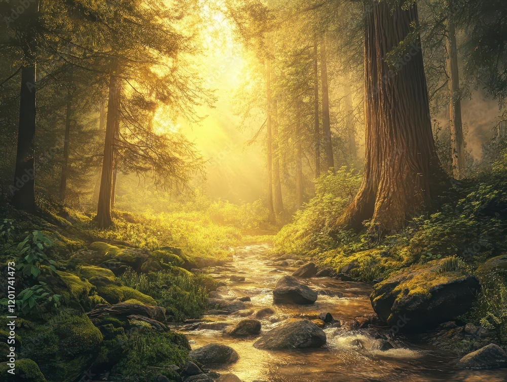 Obraz premium ancient redwood forest bathed in golden morning mist, with moss-covered stones and a crystalline stream winding through massive tree trunks, creating an ethereal atmosphere
