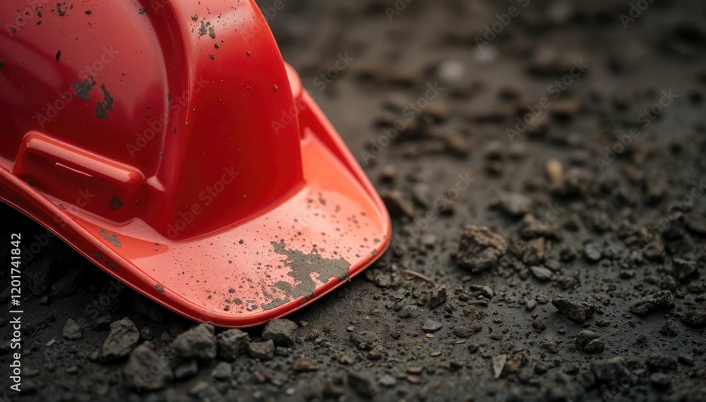 Mud splattered red hard hat rests on dark ground Sign of hard work and construction Mud splattered red hard hat rests on dark ground Sign of hard work and construction
