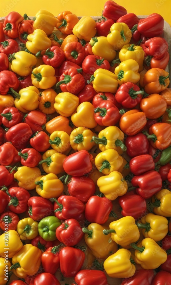 A container of colorful bell peppers and cherry tomatoes against a sunny yellow background, vegetable, yellow background A container of colorful bell peppers and cherry tomatoes against a sunny yellow background, vegetable, yellow background