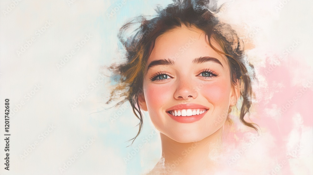 Realistic Portrait of Smiling Woman with Artistic Brushstroke Effects in Pastel Colors Realistic Portrait of Smiling Woman with Artistic Brushstroke Effects in Pastel Colors