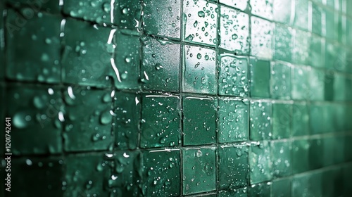 Close-Up of Wet Green Tiled Wall with Water Droplets Creating a Fresh and Clean Aesthetic in a Modern Bathroom or Kitchen Setting