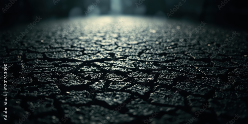 Obraz premium A dimly lit cobblestone pathway with a soft focus in the distance, revealing a textured and uneven surface