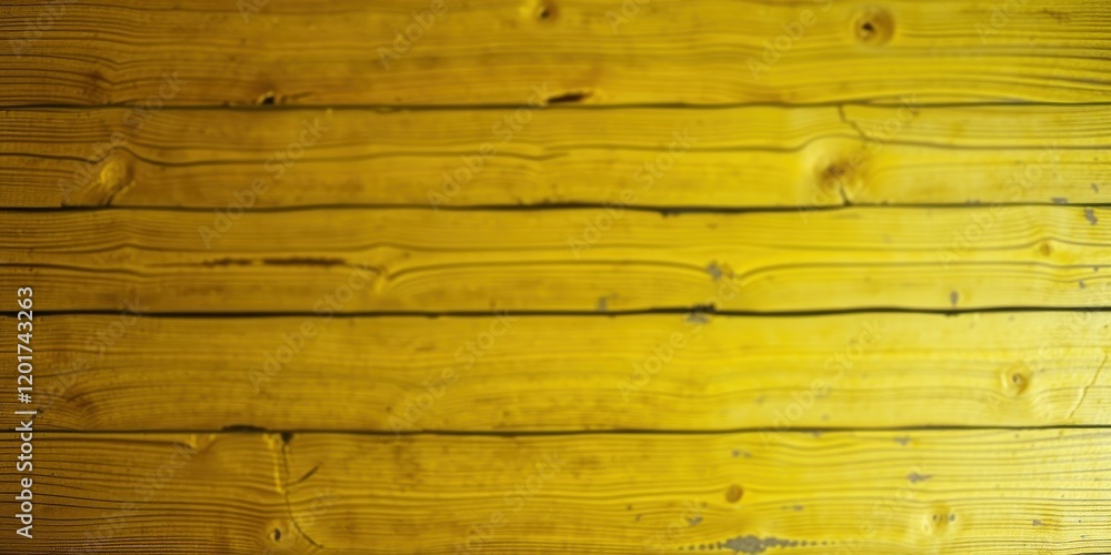 Fototapeta premium A close-up of a wooden surface, the planks are arranged horizontally and painted a vibrant yellow, with the grain and texture of the wood visible through the paint