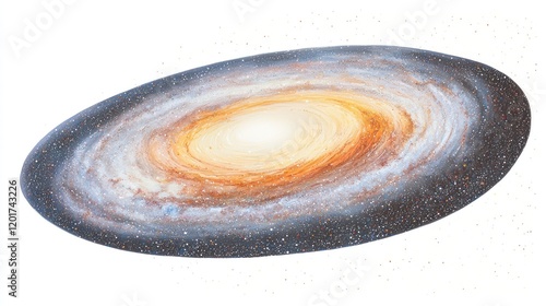 A vibrant spiral galaxy illustration, showcasing its swirling arms and central bulge, with a spectrum of colors from warm yellows and oranges in the core to cooler blues and whites in its outer arms. photo