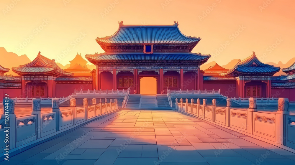Fototapeta premium Background of Chinese traditional ancient architecture palace under sunset