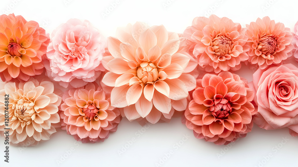 Delicate coral and peach dahlia and rose blossoms arranged in a horizontal row against a pristine white background. Perfect for wedding invitations or feminine designs. Delicate coral and peach dahlia and rose blossoms arranged in a horizontal row against a pristine white background. Perfect for wedding invitations or feminine designs.
