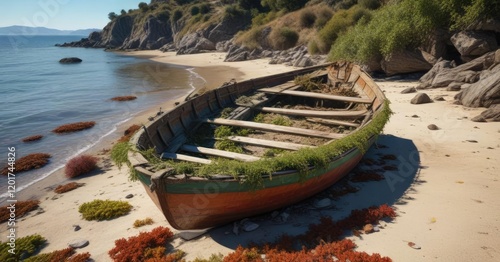 A lone rowing boat half-buried in the sand and covered in seaweed and shells washed up on the shores of Lesvos, seaweed, waves photo