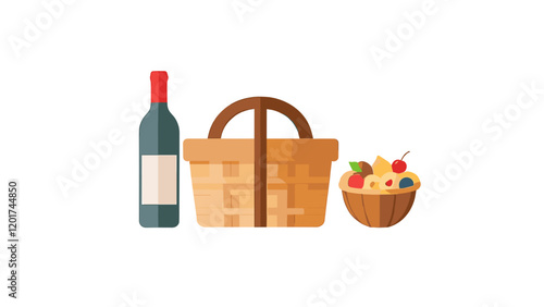 Gift baskets of Food in wood box, wicker, hamper. Holiday presents with snacks, confectionery. Flat vector illustration isolated on white background