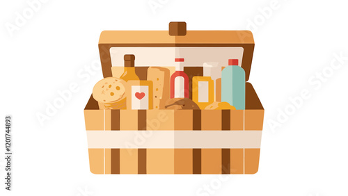 Gift baskets of Food in wood box, wicker, hamper. Holiday presents with snacks, confectionery. Flat vector illustration isolated on white background