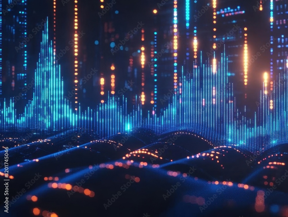 Obraz premium dynamic 3d financial data visualization, glowing blue trading charts rising through dark space, stock market analysis concept