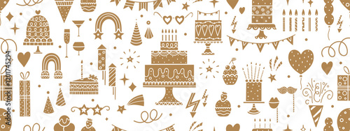 Happy Birthday gold seamless pattern. Sketch party decoration, gift box, cake, party. Hand drawn elements. Vector lillustration