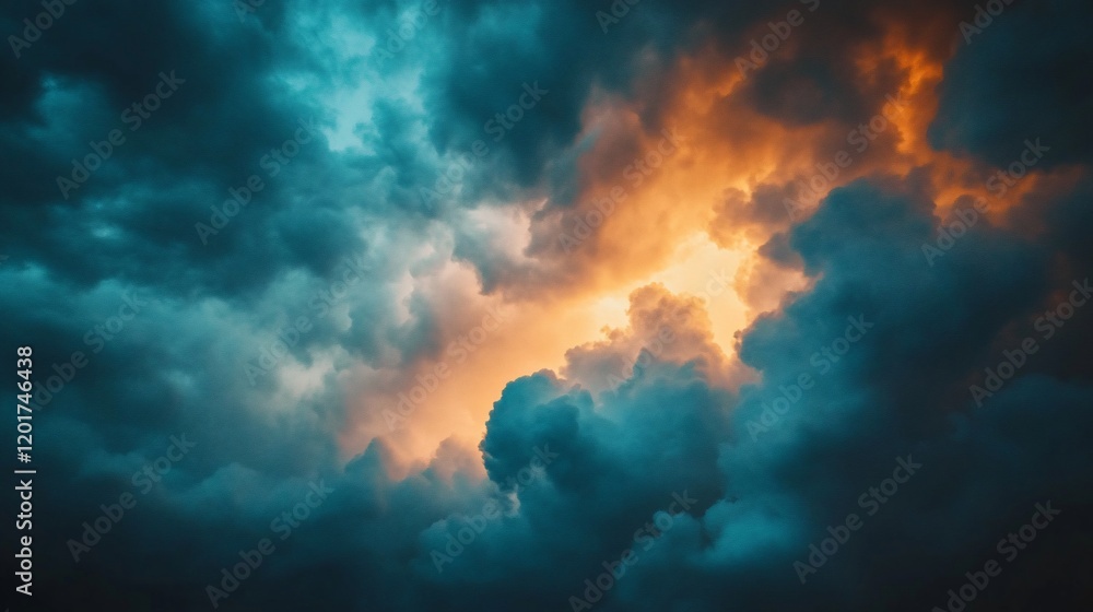 Dramatic sunset cloudscape, fiery orange and teal hues. Background Dark, stormy clouds. Use Background image Dramatic sunset cloudscape, fiery orange and teal hues. Background Dark, stormy clouds. Use Background image