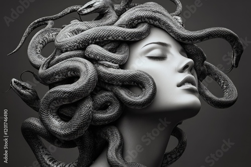 Black and gray beautiful female. Her hair is made of snakes.