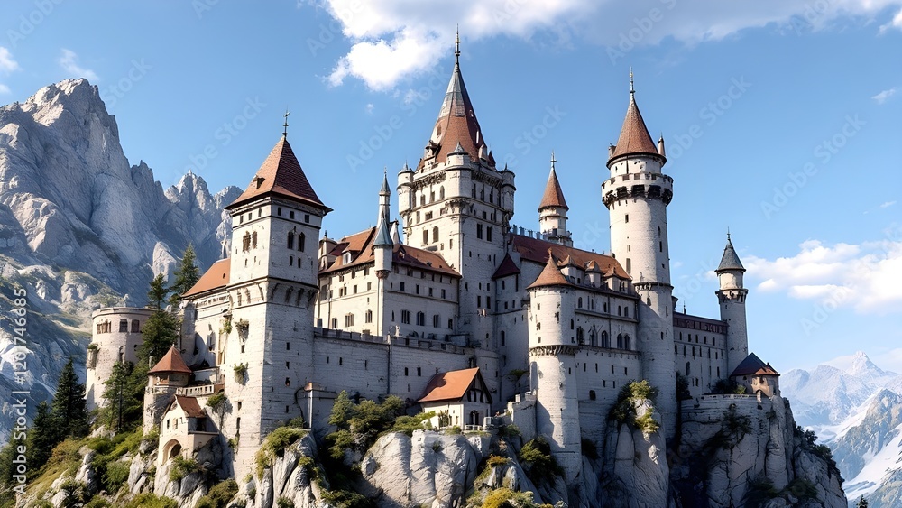 Fototapeta premium Medieval European castle on a cliff, with tall towers and stone walls