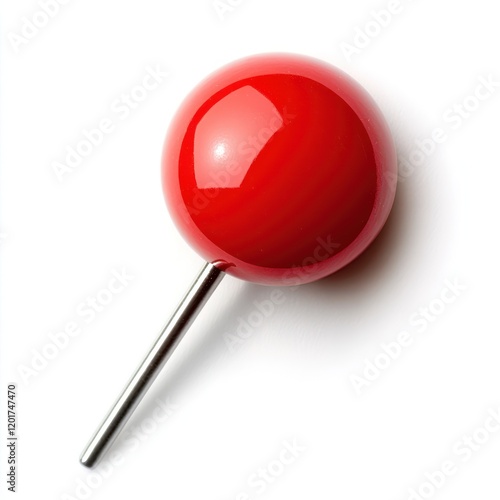 Red Push Pin: A single red push pin with a metallic pin sits against a minimalist background. It is a perfect image for representing location, direction, or simply a single point of interest.  photo