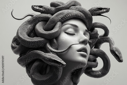 Black and gray beautiful female. Her hair is made of snakes.