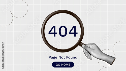 halftone collage trend, Elegant 404 Error Page design with a hand holding magnifying glass, and 'Page Not Found' text. guiding users back with a clean, modern 'Go Home' button.friendly websites
