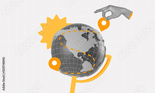 halftone collage trend, Creative globe with yellow location pins, travel routes, and a guiding hand. travel, logistics, or global navigation. for digital content