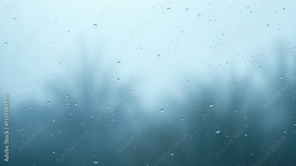 Obraz premium Rain Drops on a Window Pane, Creating a Blurry View of a Foggy Forest Beyond