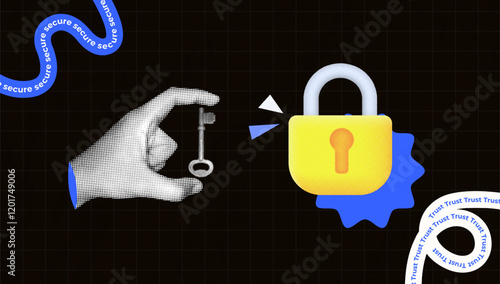 halftone collage trend, Secure access concept with a hand holding a key and a bright yellow padlock. cybersecurity, trust, and data protection