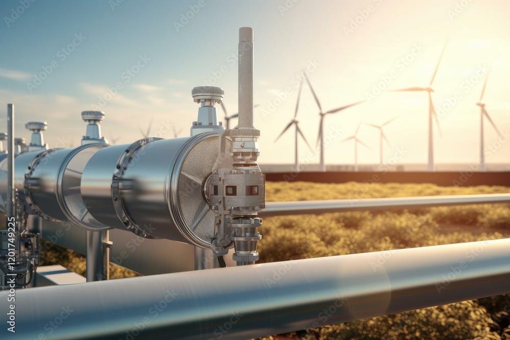 Naklejka premium Metal pipeline infrastructure transporting gas or oil with wind turbines in background, symbolizing energy transition