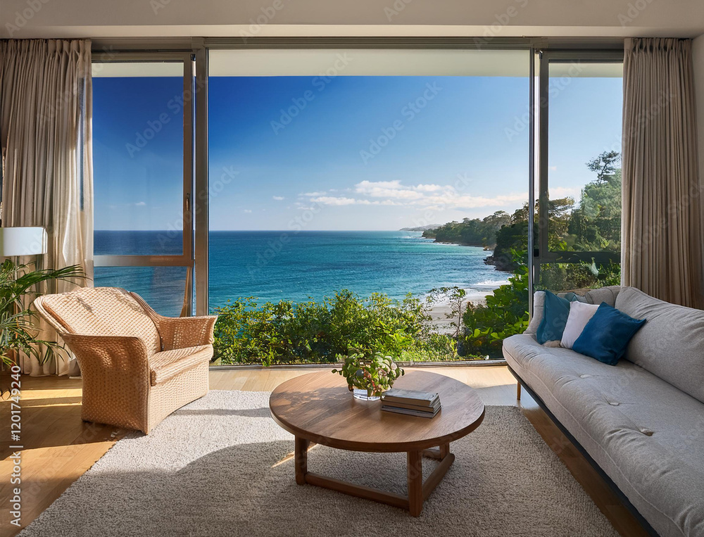 Fototapeta premium Generated image オーシャンビュー リビングの窓からの景色