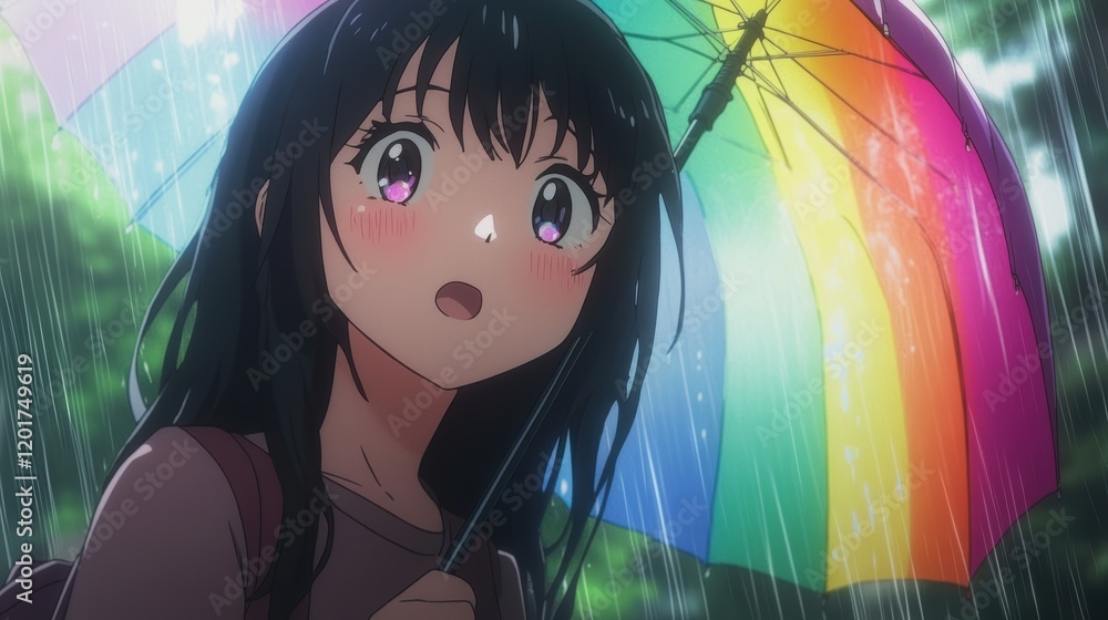 Close-up of anime girl holding rainbow umbrella in lush green rainy scene Close-up of anime girl holding rainbow umbrella in lush green rainy scene