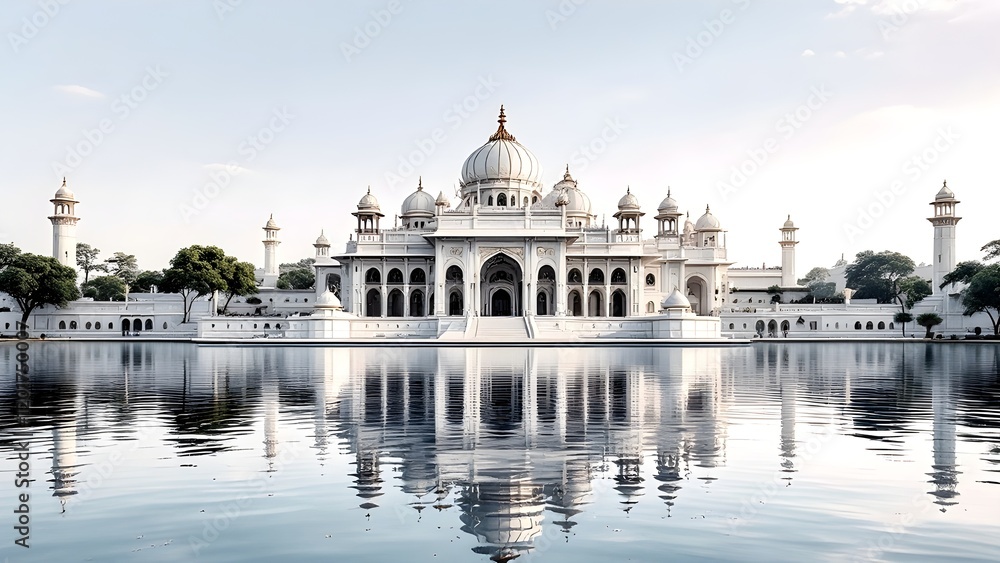 Obraz premium Indian palace in white marble with reflections in the lake