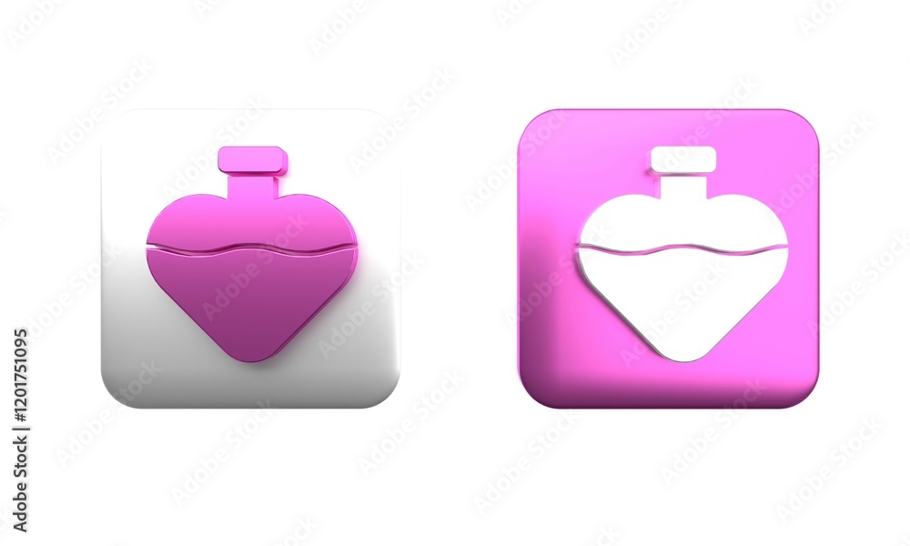 Colorful Bottle with love potion icon isolated on white background. Valentines day symbol. Square button. 3D render illustration