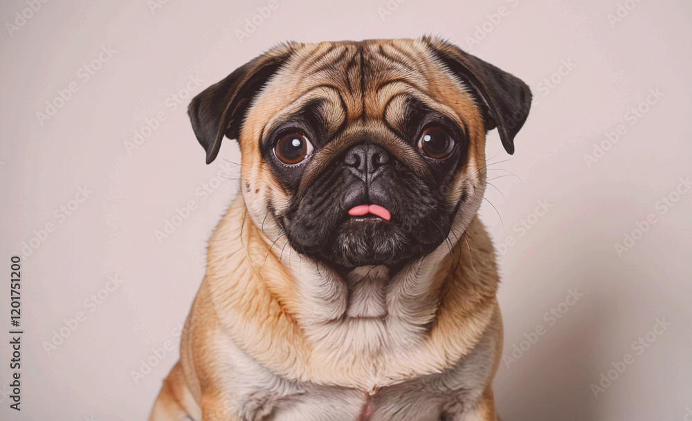 A pug dog with a tongue sticking out. The dog is looking at the camera with a serious expression A pug dog with a tongue sticking out. The dog is looking at the camera with a serious expression