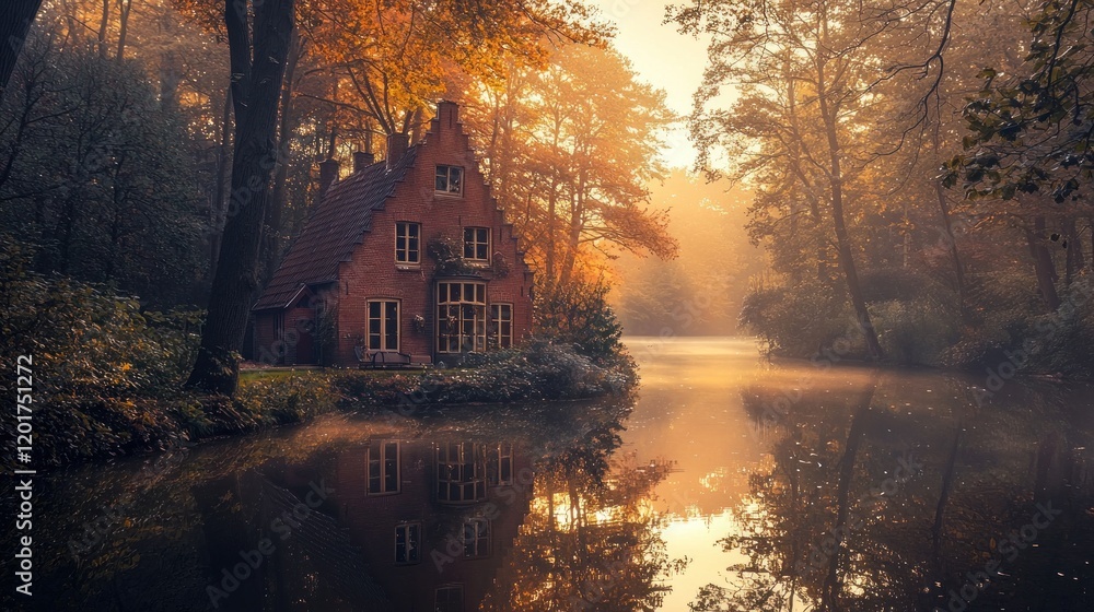 Fototapeta premium Misty autumn morning, brick house by calm lake, golden leaves.