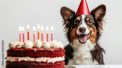 a hyper realistic 4k Photograph of a Happy dog on an isolated white background wearing a red birthday hat sitting behind a distroyed photo