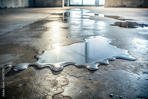A puddle of silver liquid forms on a cold concrete floor as it slowly starts to seep through the surface, slow flow, puddle formation, concrete floor, cold surface, silver liquid
