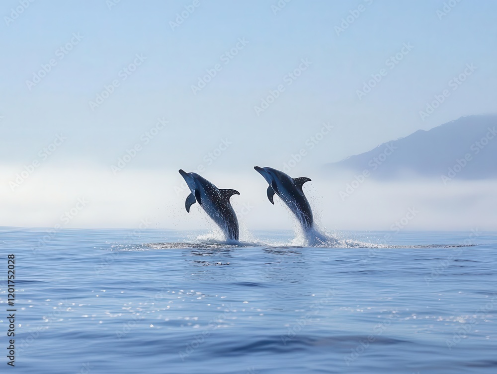 Naklejka premium majestic dolphins breaching ocean surface in perfect synchronization, crystal water droplets, sunlit spray, azure backdrop