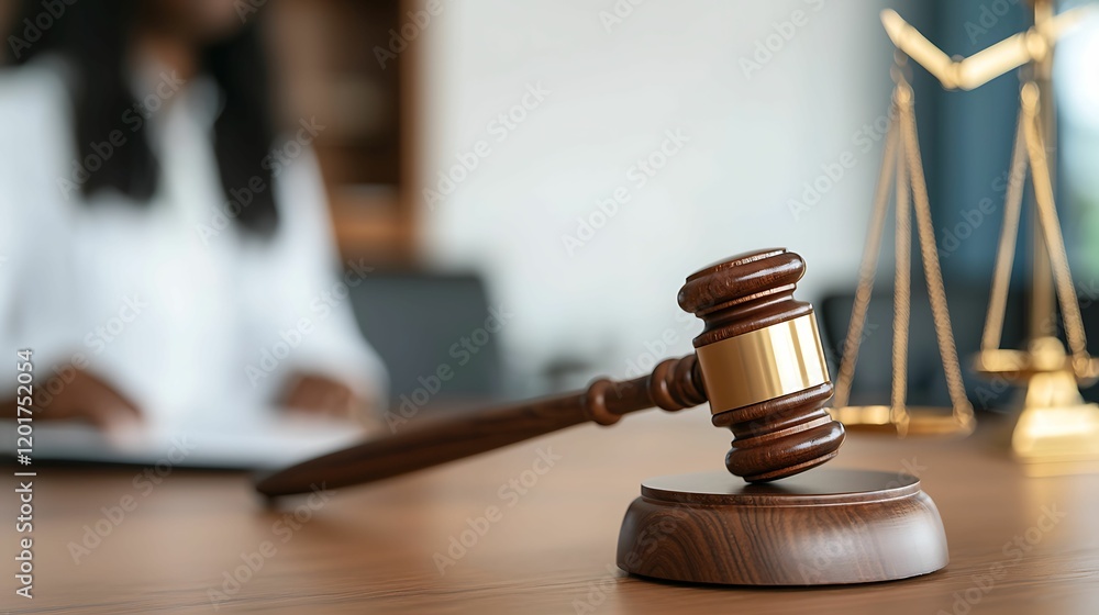 lawyer contract ethics. A judge's gavel rests on a wooden desk, symbolizing justice, with scales of justice in the background and a person in a white shirt blurred out. lawyer contract ethics. A judge's gavel rests on a wooden desk, symbolizing justice, with scales of justice in the background and a person in a white shirt blurred out.
