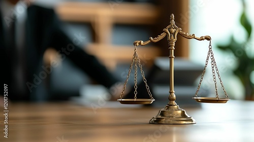 lawyer contract ethics. A close-up of a bronze scale of justice, symbolizing law and fairness, set on a wooden desk with a blurred figure in the background.