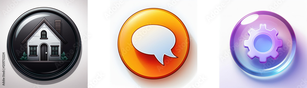 Three glossy circular icons: home, speech bubble, and gear. Representing settings, communication, and property. Three glossy circular icons: home, speech bubble, and gear. Representing settings, communication, and property.
